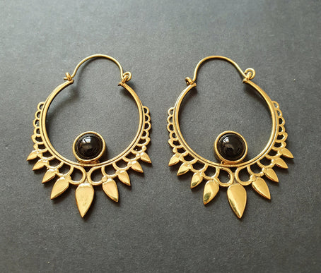 Black Onyx & Brass Spiky Hoop Earrings Ethnic, rustic, yoga, hippie, gypsy, pretty, psy, boho, bohemian, festival