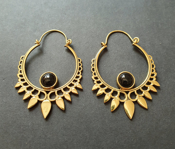 Black Onyx & Brass Spiky Hoop Earrings Ethnic, rustic, yoga, hippie, gypsy, pretty, psy, boho, bohemian, festival