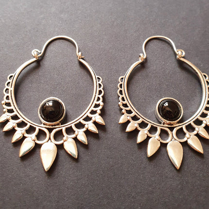 Black Onyx & Silver Spiky Hoop Earrings Ethnic, rustic, yoga, hippie, gypsy, pretty, psy, boho, bohemian, festival
