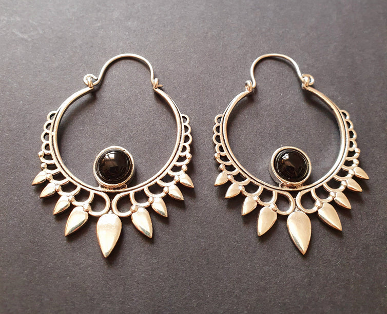 Black Onyx & Silver Spiky Hoop Earrings Ethnic, rustic, yoga, hippie, gypsy, pretty, psy, boho, bohemian, festival