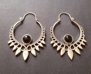 Black Onyx & Silver Spiky Hoop Earrings Ethnic, rustic, yoga, hippie, gypsy, pretty, psy, boho, bohemian, festival