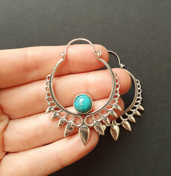 Turquoise & Silver Spiky Hoop Earrings Ethnic, rustic, yoga, hippie, gypsy, pretty, psy, boho, bohemian, festival