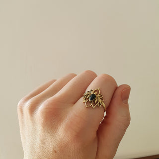 Golden Lotus Flower Ring / Black Onyx / Brass / Boho / Ethnic / Rustic / Tribal / Gypsy / Festival / Indian / Healing / Festival