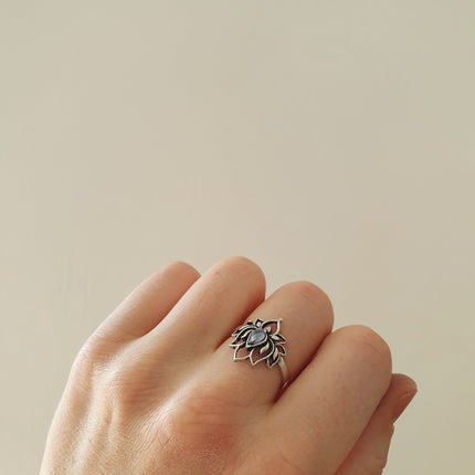 Silver Lotus Flower Ring / Moonstone / Boho / Ethnic / Rustic / Tribal / Gypsy / Festival / Indian / Healing / Festival