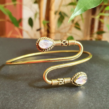 Spiral Boho Bracelet / Bangle / Moonstone / Brass / Arm Bracelet / Ethnic / Rustic / Bohemian / Hippie / Gypsy / Psy / Adjustable