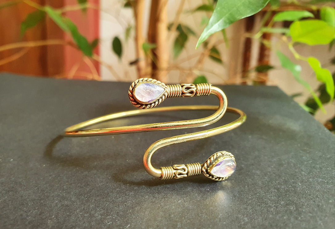 Spiral Boho Bracelet / Bangle / Moonstone / Brass / Arm Bracelet / Ethnic / Rustic / Bohemian / Hippie / Gypsy / Psy / Adjustable