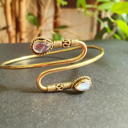 Spiral Boho Bracelet / Bangle / Moonstone / Brass / Arm Bracelet / Ethnic / Rustic / Bohemian / Hippie / Gypsy / Psy / Adjustable