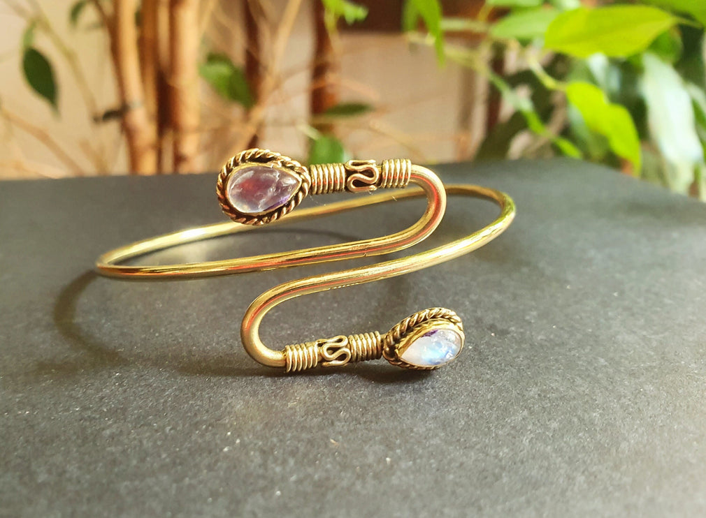 Spiral Boho Bracelet / Bangle / Moonstone / Brass / Arm Bracelet / Ethnic / Rustic / Bohemian / Hippie / Gypsy / Psy / Adjustable