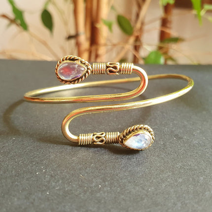 Spiral Boho Bracelet / Bangle / Moonstone / Brass / Arm Bracelet / Ethnic / Rustic / Bohemian / Hippie / Gypsy / Psy / Adjustable