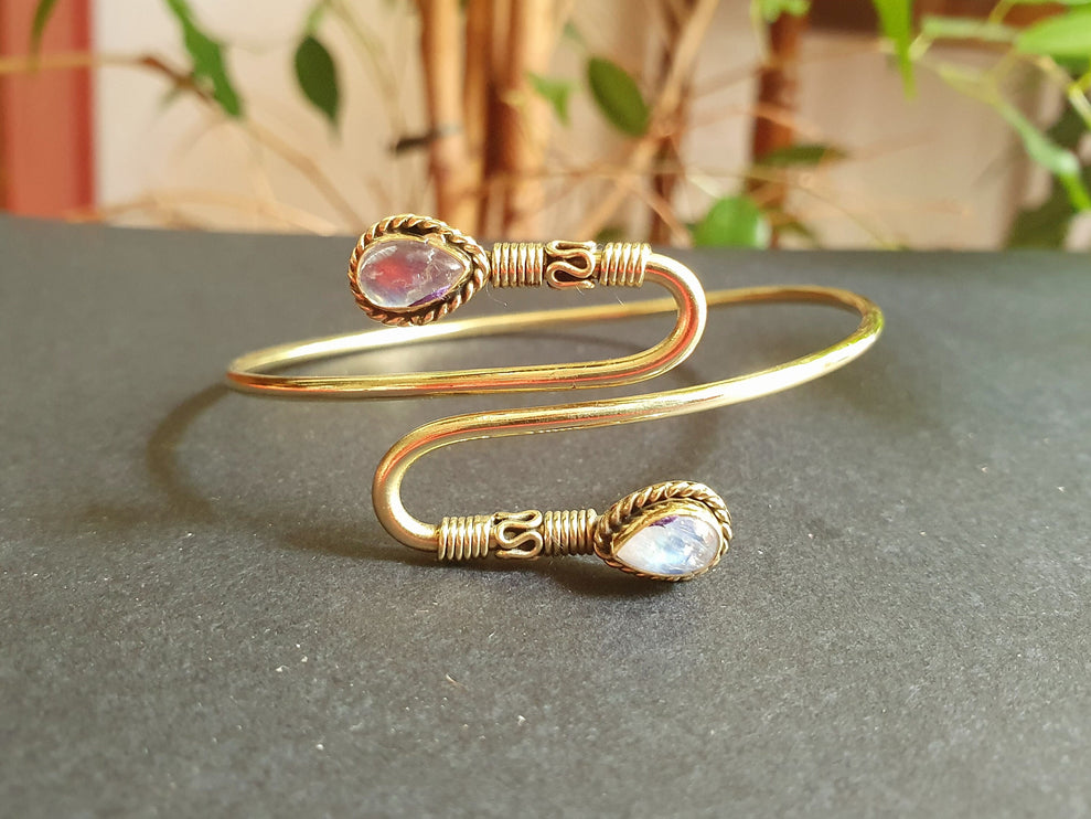 Spiral Boho Bracelet / Bangle / Moonstone / Brass / Arm Bracelet / Ethnic / Rustic / Bohemian / Hippie / Gypsy / Psy / Adjustable