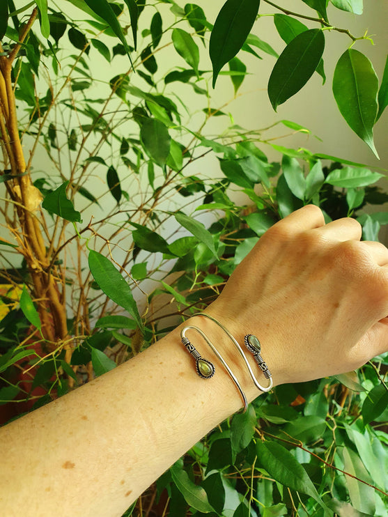 Spiral Boho Bracelet / Bangle / Moonstone / Brass / Arm Bracelet / Ethnic / Rustic / Bohemian / Hippie / Gypsy / Psy / Adjustable