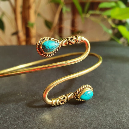 Spiral Boho Bracelet / Bangle / Turquoise / Brass / Arm Bracelet / Ethnic / Rustic / Bohemian / Hippie / Gypsy / Psy / Birthstone