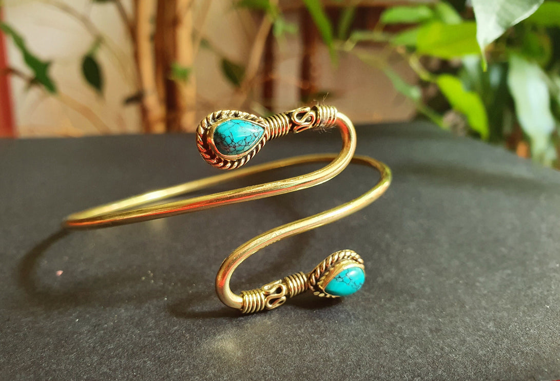 Spiral Boho Bracelet / Bangle / Turquoise / Brass / Arm Bracelet / Ethnic / Rustic / Bohemian / Hippie / Gypsy / Psy / Birthstone