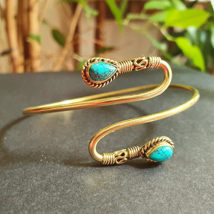 Spiral Boho Bracelet / Bangle / Turquoise / Brass / Arm Bracelet / Ethnic / Rustic / Bohemian / Hippie / Gypsy / Psy / Birthstone