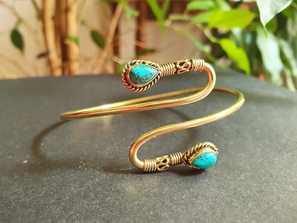 Spiral Boho Bracelet / Bangle / Turquoise / Brass / Arm Bracelet / Ethnic / Rustic / Bohemian / Hippie / Gypsy / Psy / Birthstone