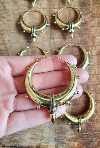 Tribal Chunky Brass Hoops; Ethnic Spike Boho Chic Rustic Psy Gypsy Spiral Hippie Punk Steampunk