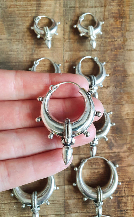 Tribal Chunky Silver Hoops; Ethnic / Boho / Unisex / Mens / Rustic / Psy / Gypsy / Spiral / Hippie / Bohemian / Festival / style