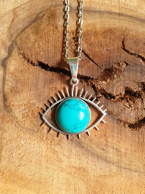 Silver Evil Eye Necklace / Turquoise / Stainless Steel Chain / Stone / Ethnic / Hypoallergenic / Third Eye / Illuminati