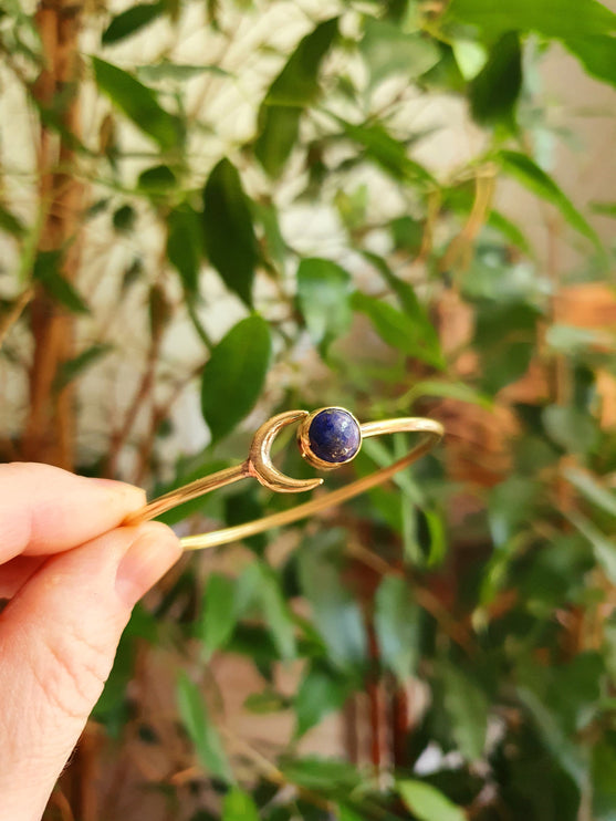 Moon Bracelet / Brass & Lapis Lazuli / Bangle / Galaxy / Solar System / Planets / Boho / Adjustable / Hippie / Chic / Sun