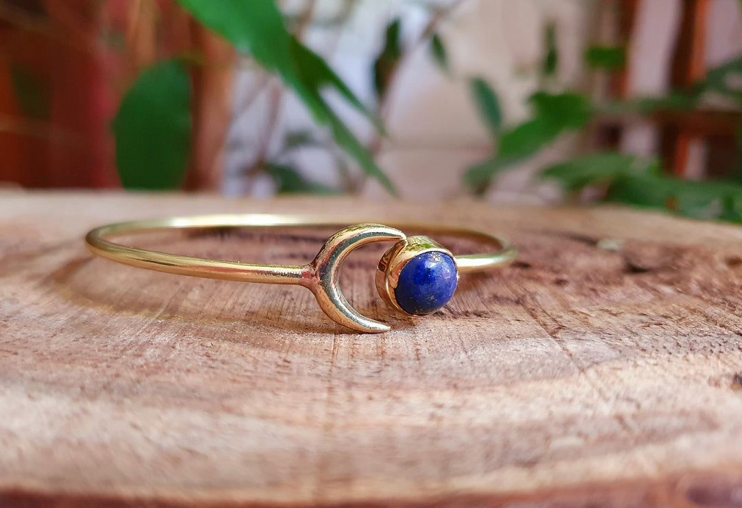 Moon Bracelet / Brass & Lapis Lazuli / Bangle / Galaxy / Solar System / Planets / Boho / Adjustable / Hippie / Chic / Sun