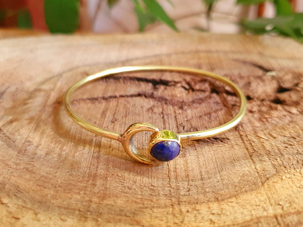 Moon Bracelet / Brass & Lapis Lazuli / Bangle / Galaxy / Solar System / Planets / Boho / Adjustable / Hippie / Chic / Sun