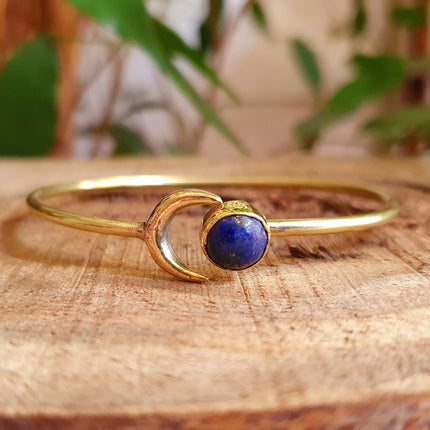 Moon Bracelet / Brass & Lapis Lazuli / Bangle / Galaxy / Solar System / Planets / Boho / Adjustable / Hippie / Chic / Sun