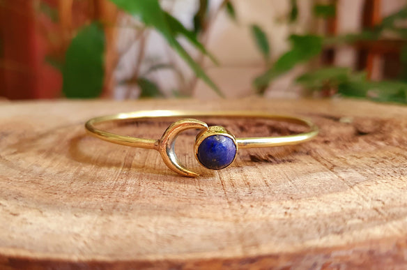 Moon Bracelet / Brass & Lapis Lazuli / Bangle / Galaxy / Solar System / Planets / Boho / Adjustable / Hippie / Chic / Sun