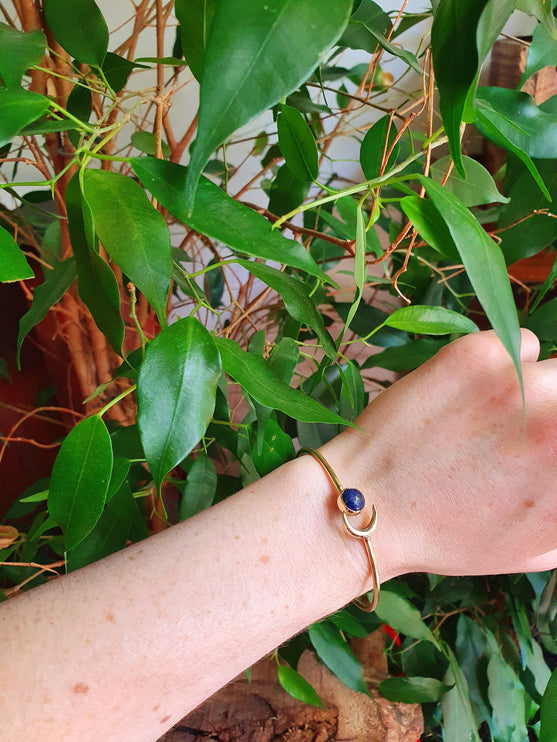 Moon Bracelet / Brass & Lapis Lazuli / Bangle / Galaxy / Solar System / Planets / Boho / Adjustable / Hippie / Chic / Sun