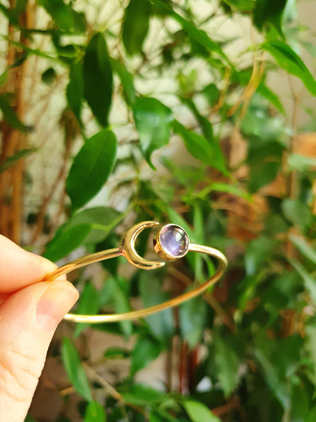 Moon Bracelet / Brass & Amethyst / Bangle / Galaxy / Solar System / Planets / Boho / Adjustable / Hippie / Chic / Sun