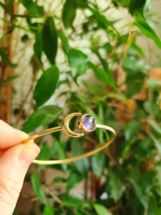 Moon Bracelet / Brass & Amethyst / Bangle / Galaxy / Solar System / Planets / Boho / Adjustable / Hippie / Chic / Sun