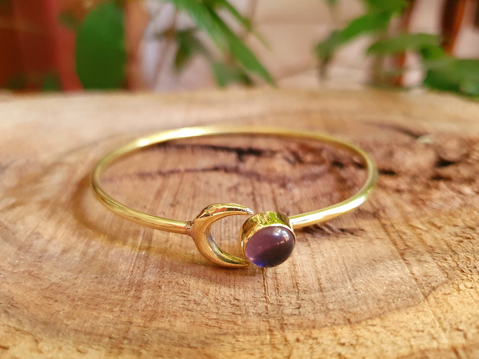 Moon Bracelet / Brass & Amethyst / Bangle / Galaxy / Solar System / Planets / Boho / Adjustable / Hippie / Chic / Sun