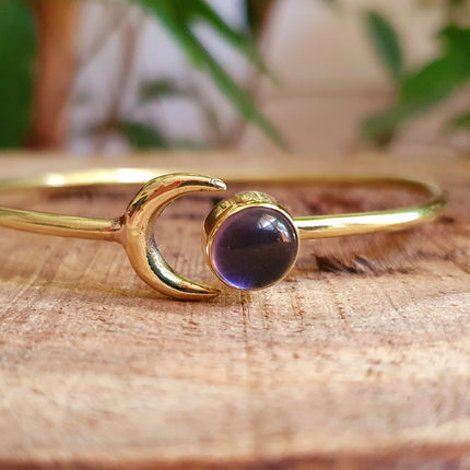 Moon Bracelet / Brass & Amethyst / Bangle / Galaxy / Solar System / Planets / Boho / Adjustable / Hippie / Chic / Sun