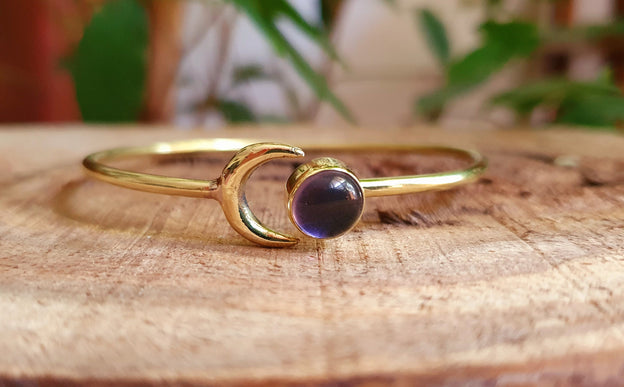 Moon Bracelet / Brass & Amethyst / Bangle / Galaxy / Solar System / Planets / Boho / Adjustable / Hippie / Chic / Sun