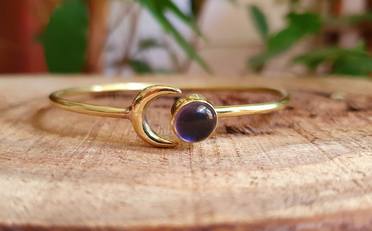 Moon Bracelet / Brass & Amethyst / Bangle / Galaxy / Solar System / Planets / Boho / Adjustable / Hippie / Chic / Sun