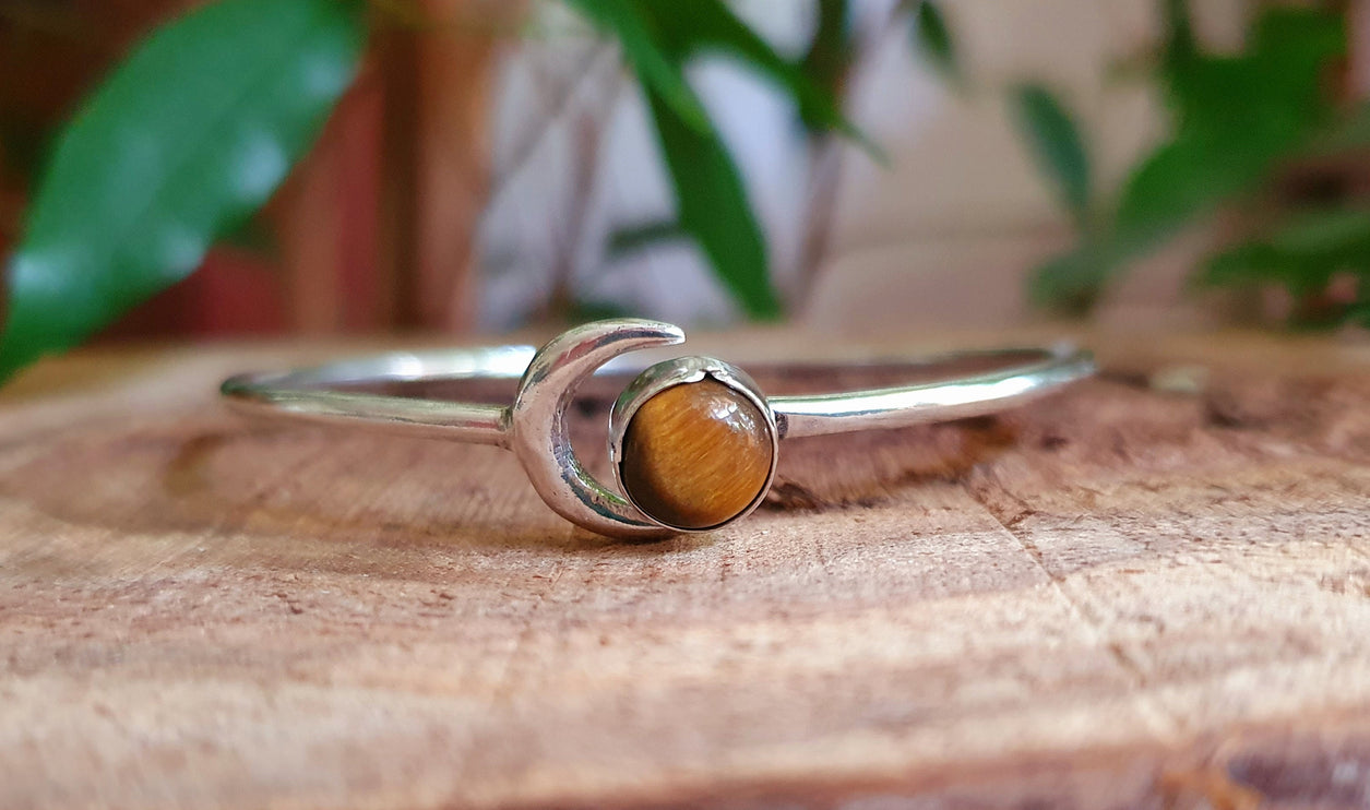 Moon Bracelet / Silver & Tiger Eye / Bangle / Galaxy / Solar System / Planets / Boho / Adjustable / Hippie / Chic / Sun