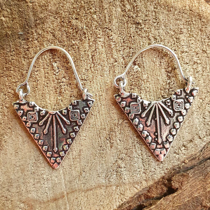 Mini Boho Silver Triangle Tribal Earrings; Ethnic, Geometric, Small, Rustic, Yoga, Hippie, Gypsy, Pretty, Ssy, Boho, Bohemian, Festival