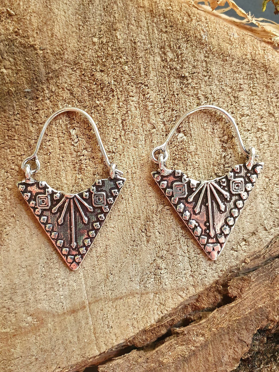 Mini Boho Silver Triangle Tribal Earrings; Ethnic, Geometric, Small, Rustic, Yoga, Hippie, Gypsy, Pretty, Ssy, Boho, Bohemian, Festival