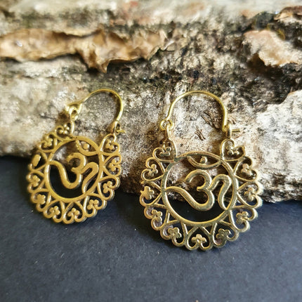 Ohm Yoga Om Boho Brass Earrings; Ethnic, Geometric, Small, Rustic, Yoga, Hippie, Gypsy, Pretty, Ssy, Boho, Bohemian, Festival