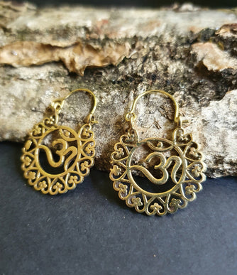 Ohm Yoga Om Boho Brass Earrings; Ethnic, Geometric, Small, Rustic, Yoga, Hippie, Gypsy, Pretty, Ssy, Boho, Bohemian, Festival