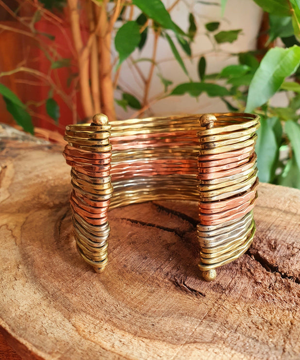 Textured Brass Cuff Bracelet / Mixed Metals Brass Copper Silver / Boho / Ethnic / Rustic / Bohemian / Hippie / Gypsy / Jewellery