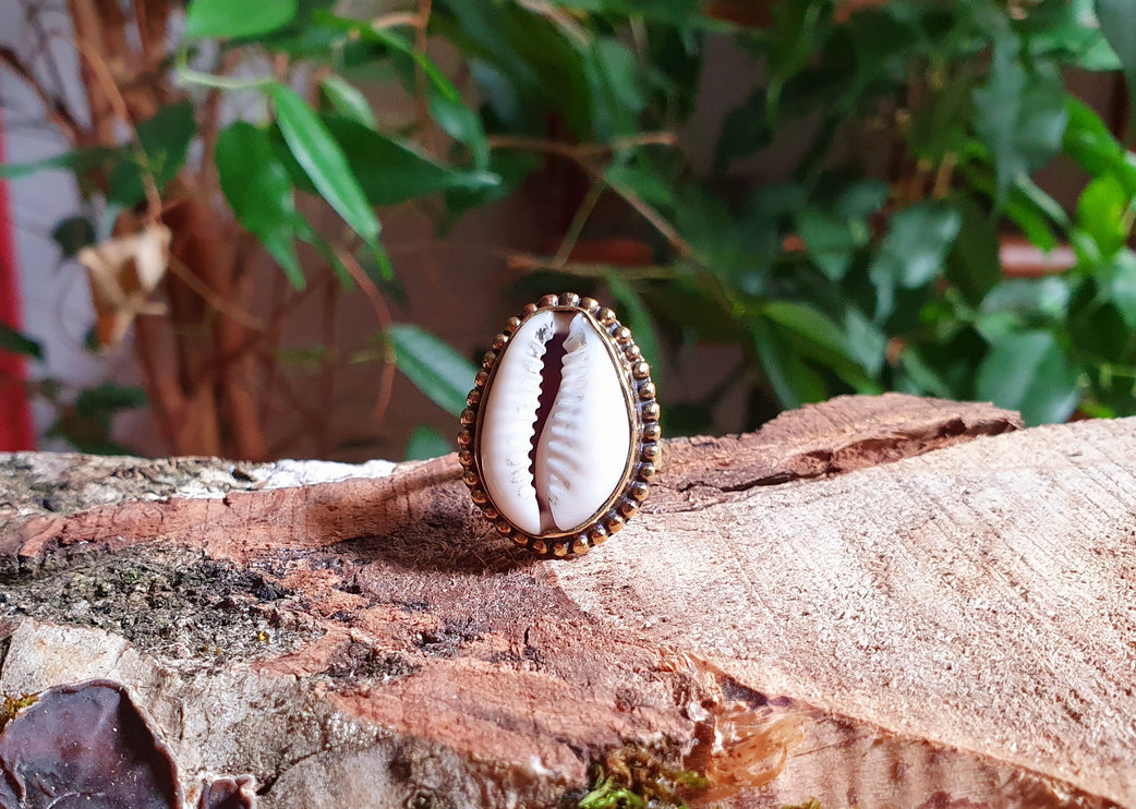 Cowrie Shell Brass Ring / Bohemian / Ethnic / Psy / Rustic / Tribal / Gypsy / Festival / Healing / Festival