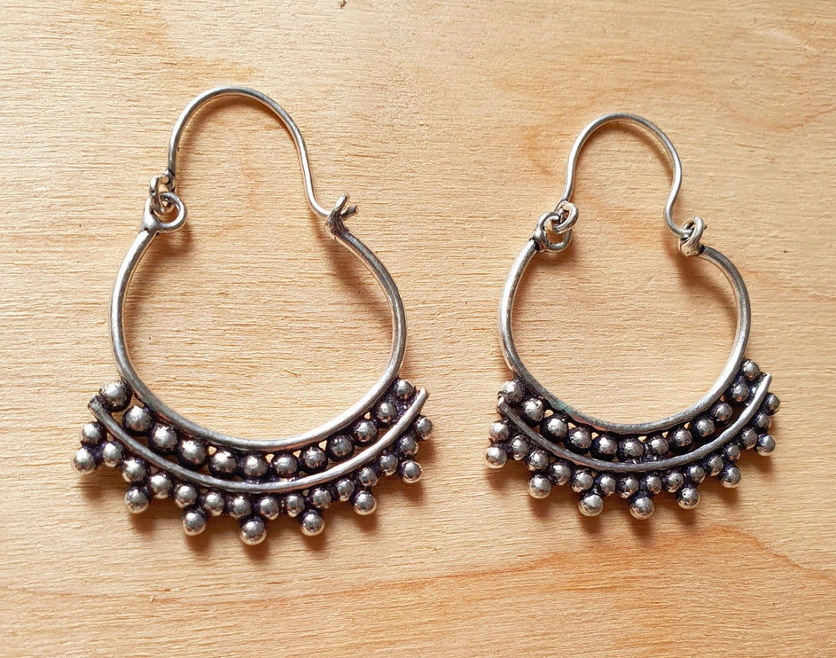 Mini Boho Silver Tribal Hoop Earrings; Ethnic, Geometric, Small, Rustic, Yoga, Hippie, Gypsy, Pretty, Ssy, Boho, Bohemian, Festival