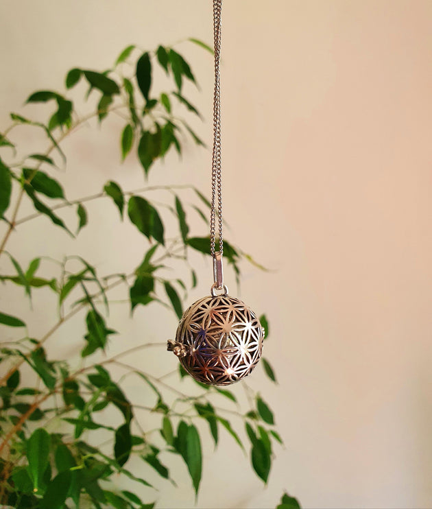 Bola Necklace Silver Flower of Life / Pregnancy / Harmony Ball / Chimes / Bell / Vegan / Ethnic / Boho / Tribal / Rustic / Hypoallergenic