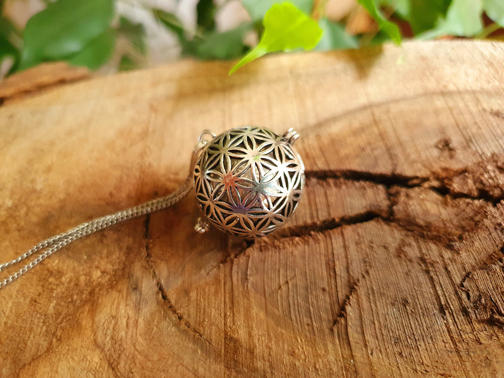 Bola Necklace Silver Flower of Life / Pregnancy / Harmony Ball / Chimes / Bell / Vegan / Ethnic / Boho / Tribal / Rustic / Hypoallergenic