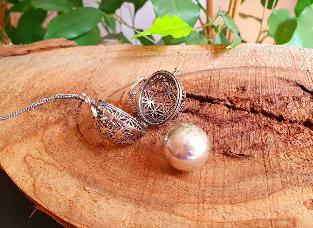 Bola Necklace Silver Flower of Life / Pregnancy / Harmony Ball / Chimes / Bell / Vegan / Ethnic / Boho / Tribal / Rustic / Hypoallergenic