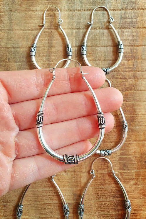 Bali Earrings / Silver Long Hoop Earrings / Ethnic / Rustic / Bohemian / Gypsy / Spiral / Hippie / Chunky / Festival / style