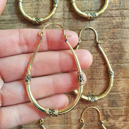 Bali Hoop Earrings / Brass Long / Tribal / Ethnic / Rustic / Bohemian / Gypsy / Spiral / Hippie / Chunky / Festival / style