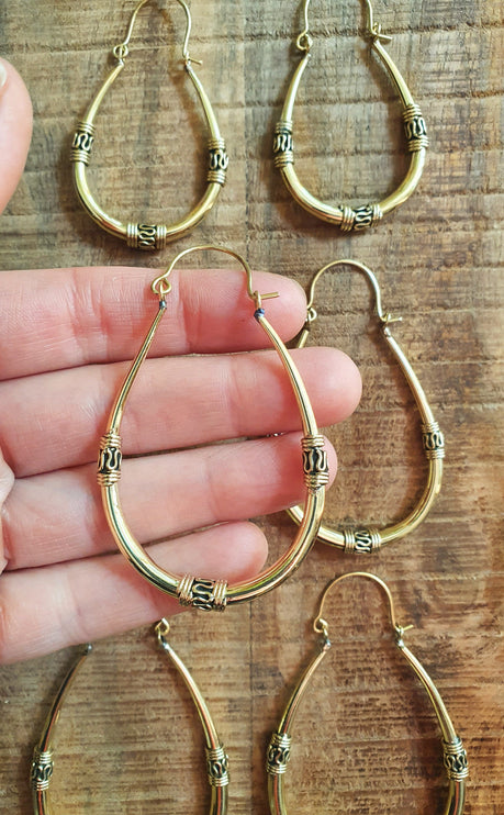 Bali Hoop Earrings / Brass Long / Tribal / Ethnic / Rustic / Bohemian / Gypsy / Spiral / Hippie / Chunky / Festival / style