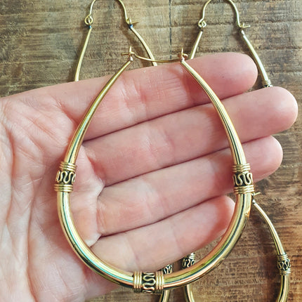 Bali Hoop Earrings / Brass Long / Tribal / Ethnic / Rustic / Bohemian / Gypsy / Spiral / Hippie / Chunky / Festival / style