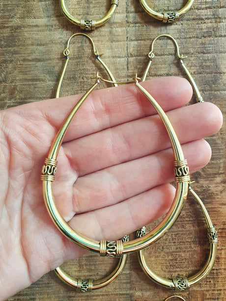 Bali Hoop Earrings / Brass Long / Tribal / Ethnic / Rustic / Bohemian / Gypsy / Spiral / Hippie / Chunky / Festival / style